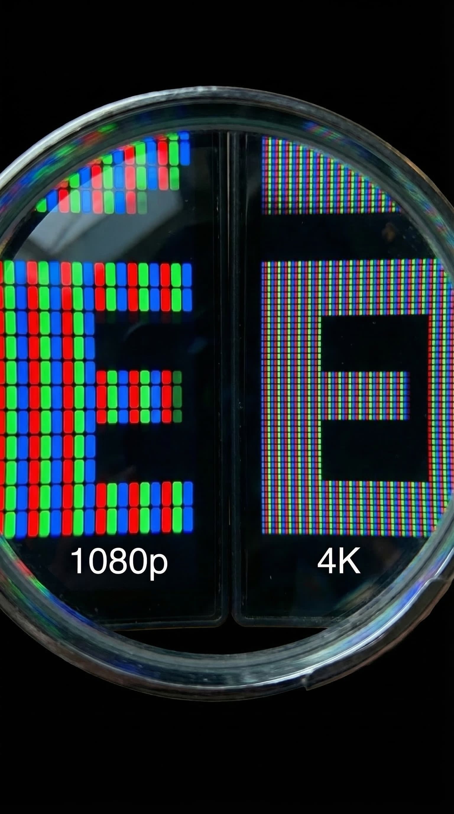 Macro comparison of 1080p vs 4K pixel density through a magnifying glass showing RGB subpixels at different densities